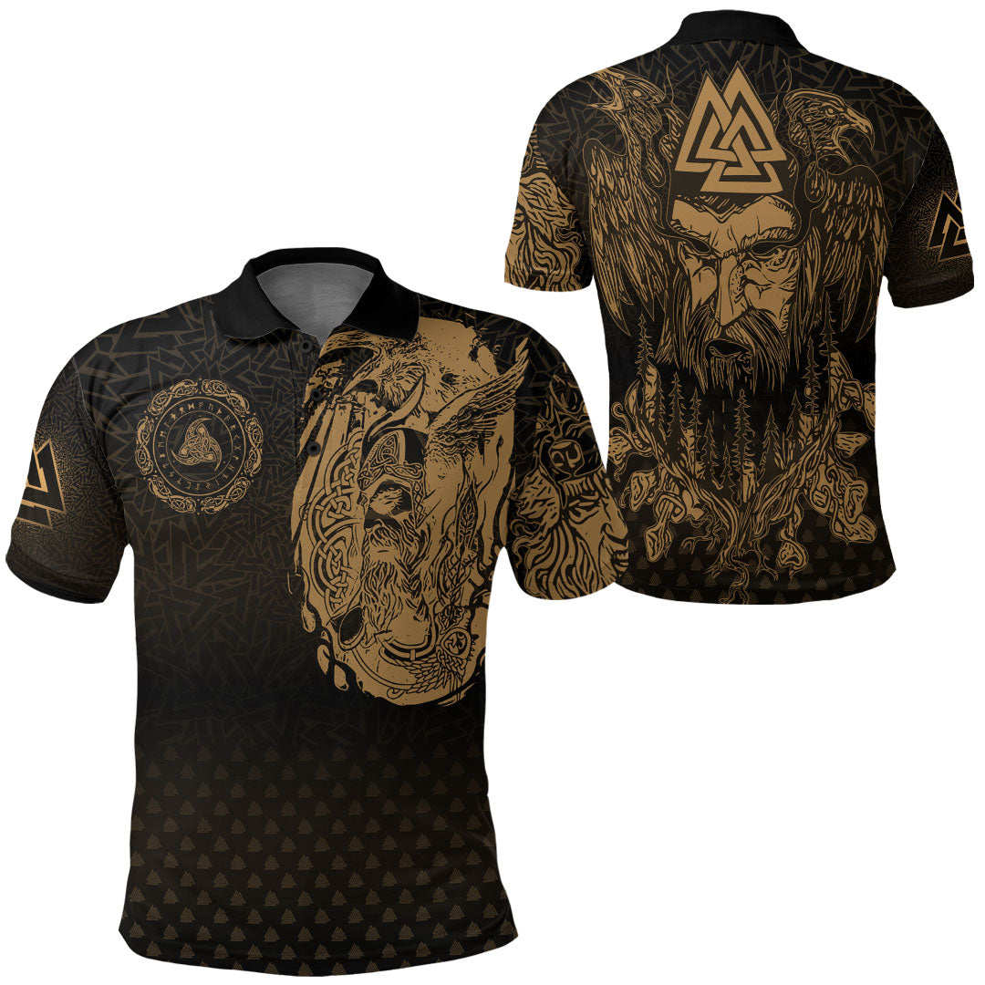 Viking Clothing Viking Odin Raven Tattoo Style Gold Version Polo Shirt RLT12 - Wonder Print Shop