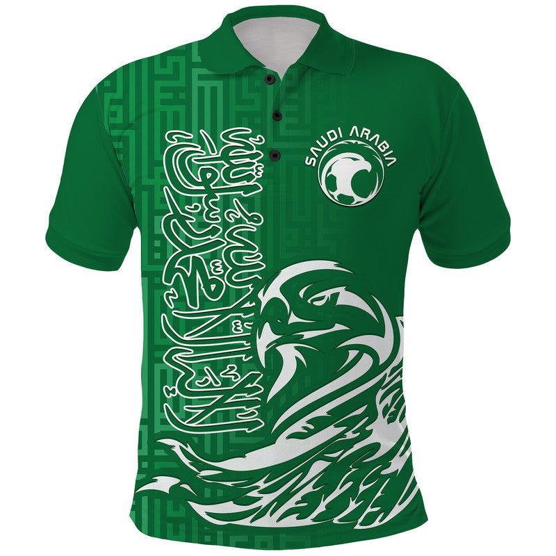 Green polo shirt with button placket and white falcon bird graphic