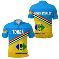 Blue polo shirt with geometric pattern, multicolor diagonal stripe, crest graphic