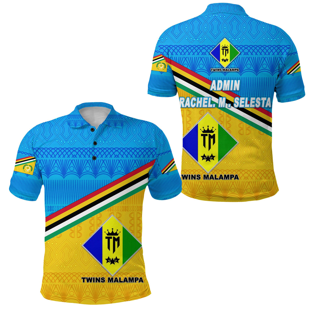 Blue patterned polo shirt with multicolor stripe, crest logos, short sleeves, button collar
