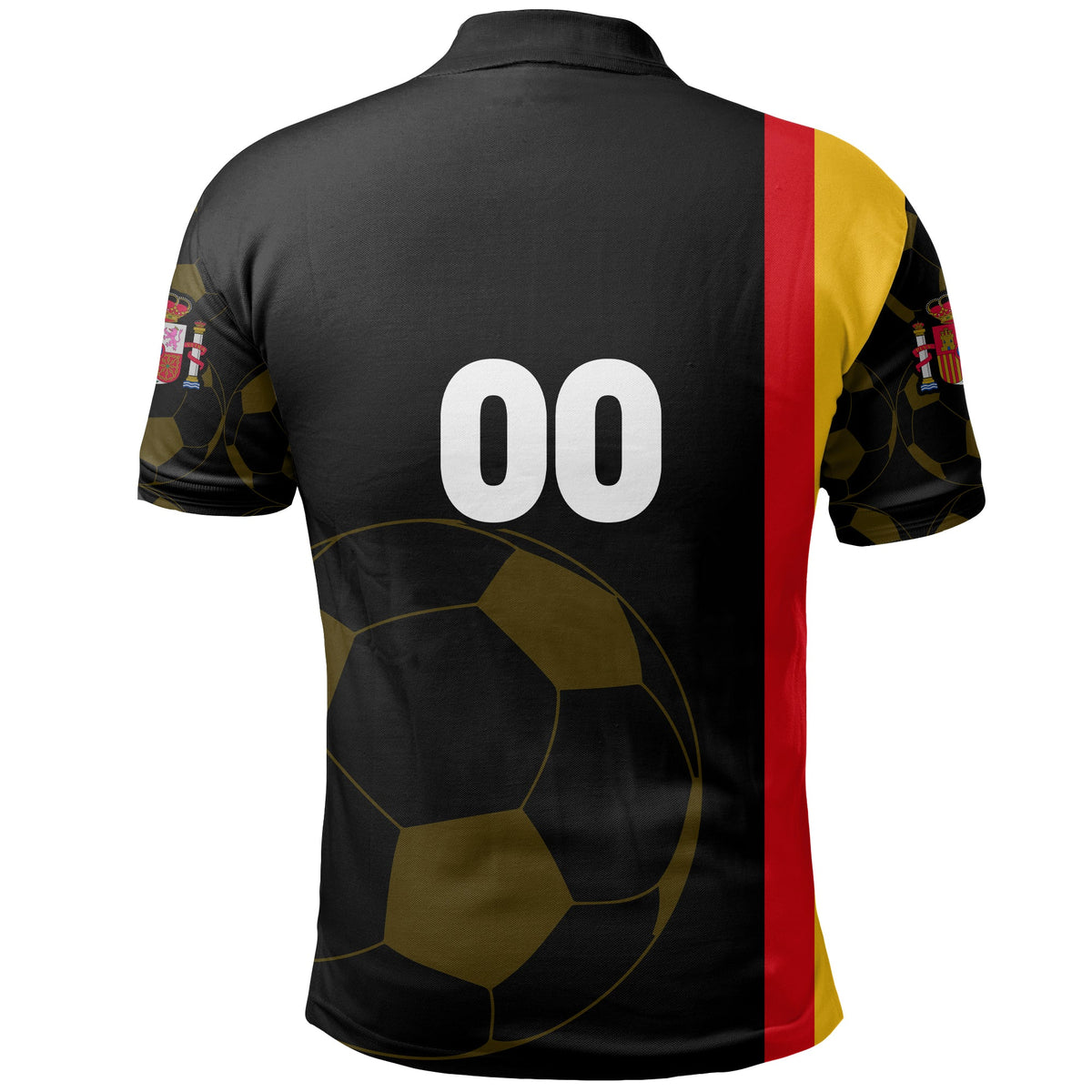Back view black Spain-style football polo with “00” and red-yellow vertical side stripe