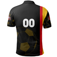 Back view black Spain-style football polo with “00” and red-yellow vertical side stripe