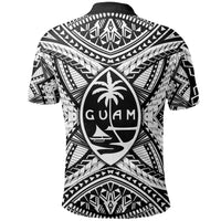 Back of Guam rugby polo: white body with black Polynesian graphics, black collar