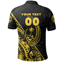 Back of black rugby polo with yellow Polynesian print, large 00 text, short sleeves