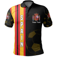 Black football polo with crest and “Your Text”, red-yellow vertical stripe panel