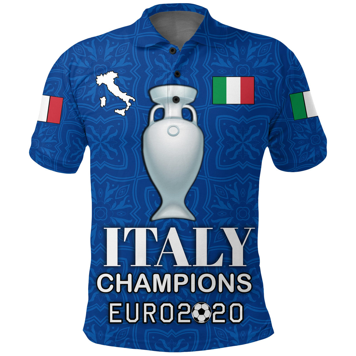 Blue Italy Champions polo shirt with crest, tricolor logo, and Euro 2020 text