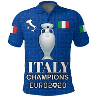 Blue Italy Champions polo shirt with crest, tricolor logo, and Euro 2020 text