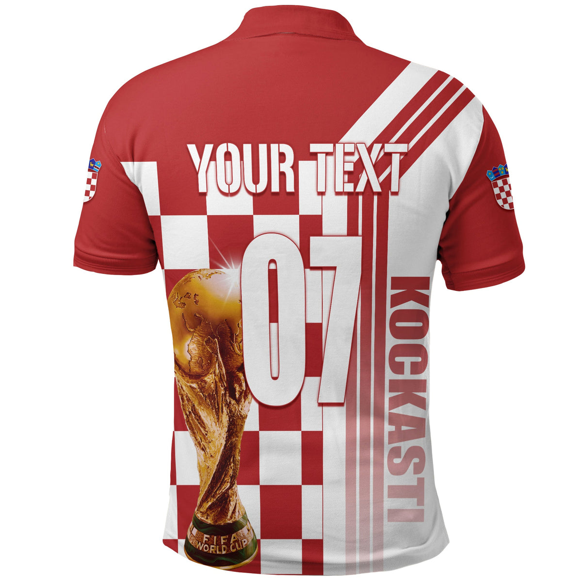 Red/white Croatia polo with checkered back, striped sides, trophy and “YOUR TEXT”