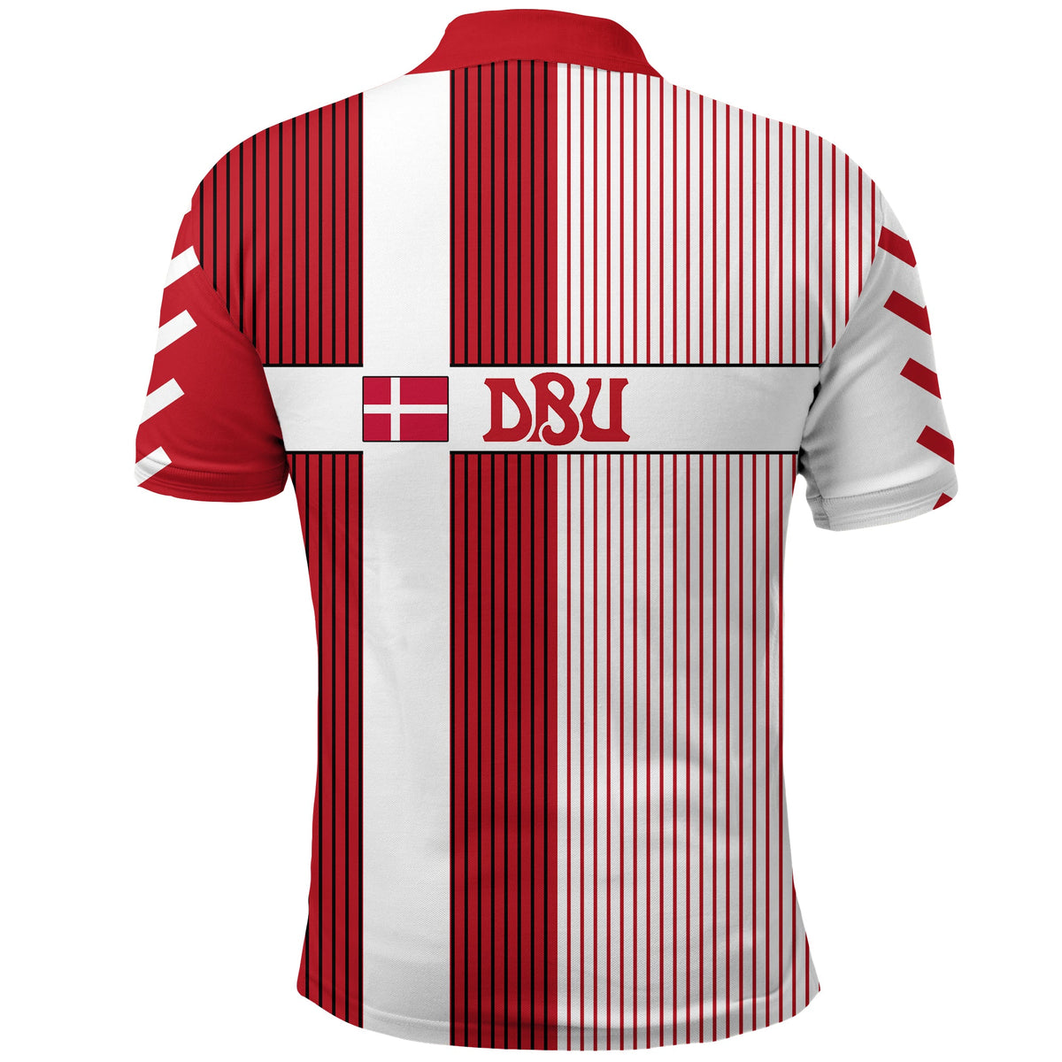 Denmark football polo shirt back, red-and-white stripes with large DBU and flag