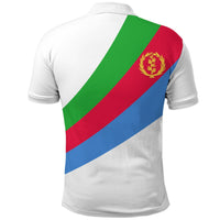 Back of Eritrea flag polo shirt with diagonal red, green, blue stripes and crest
