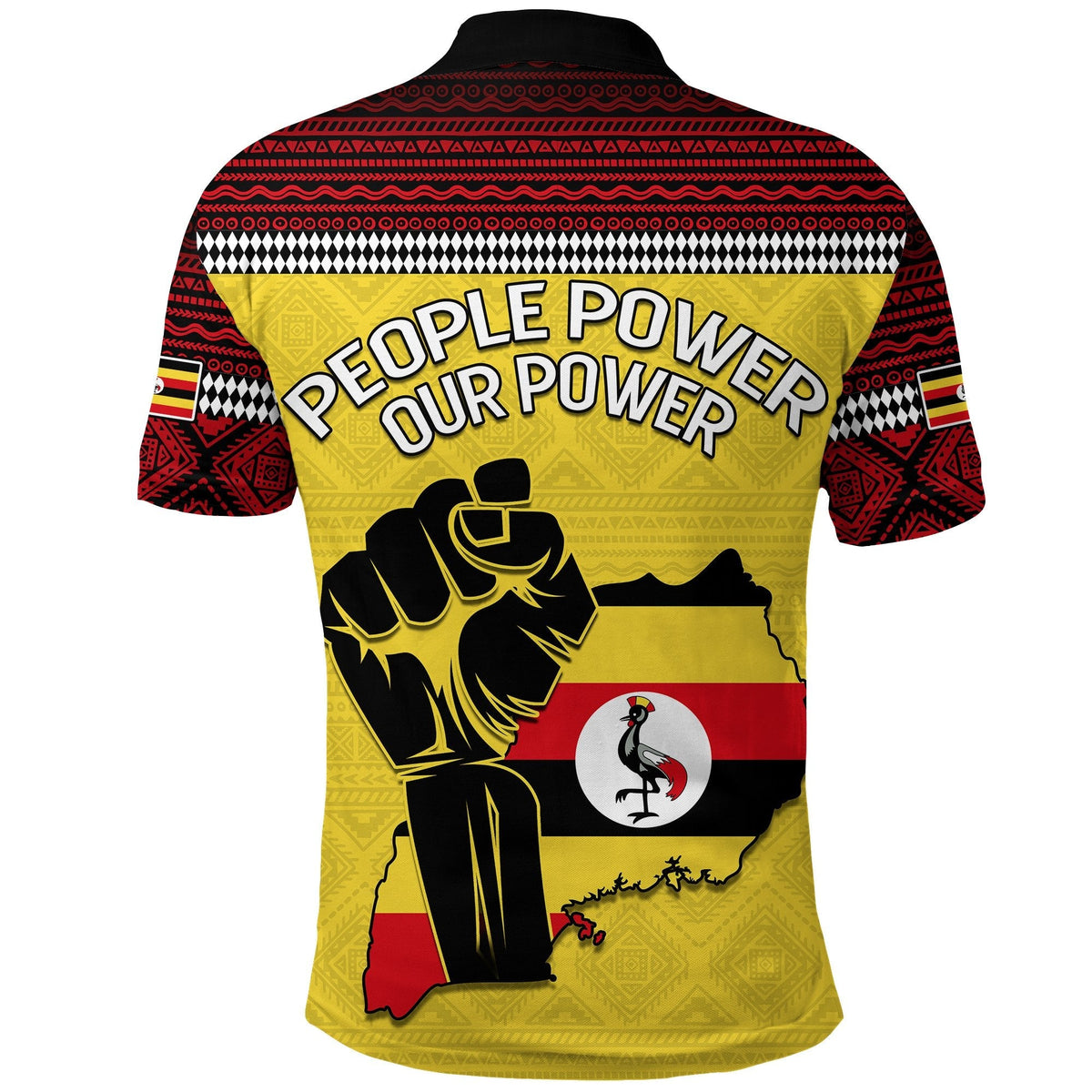 Yellow polo back with red/black African pattern and 'People Power Our Power' large text print