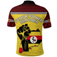 Yellow polo back with red/black African pattern and 'People Power Our Power' large text print