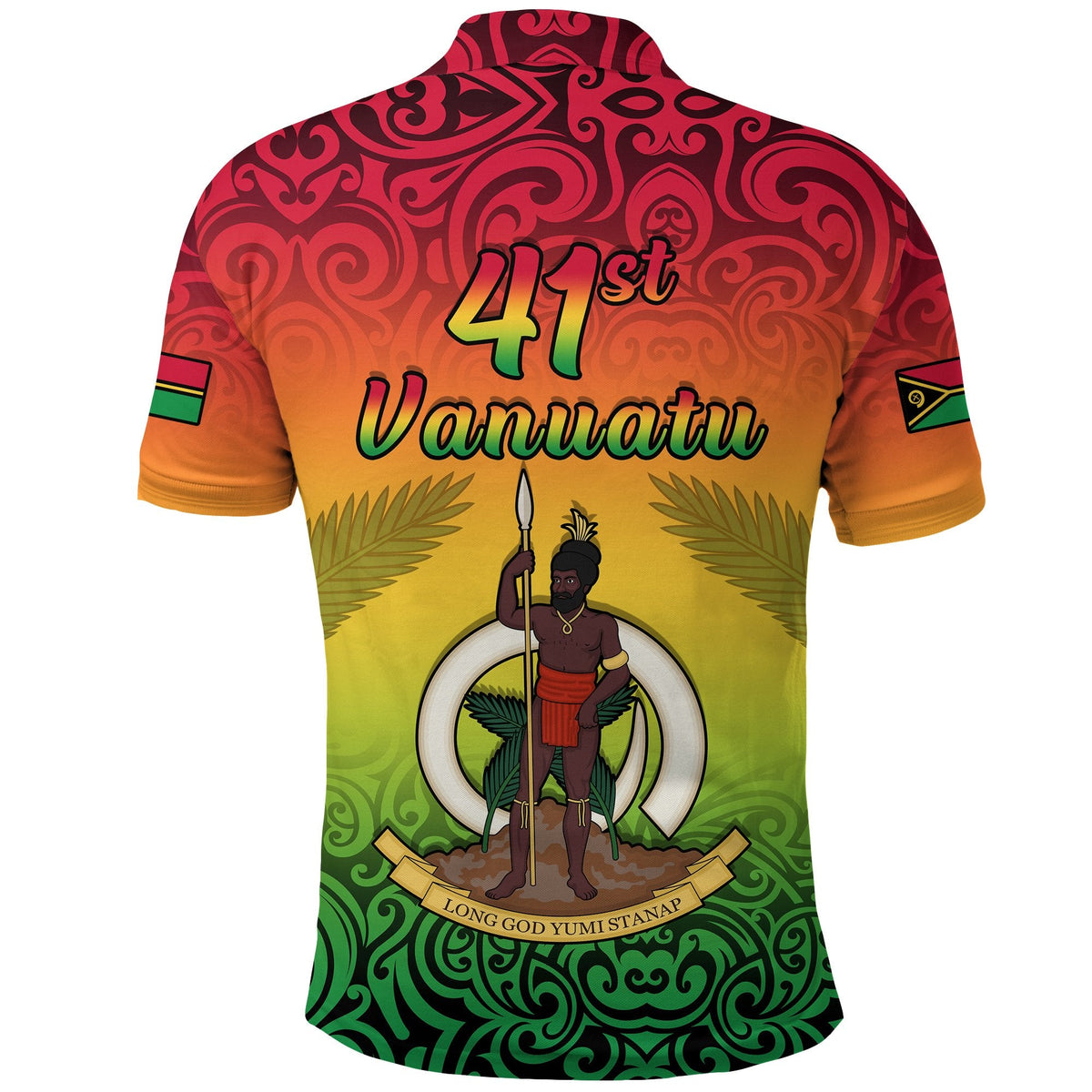 Vanuatu polo shirt back print with "41" and seated figure crest; red collar, flag sleeve accents