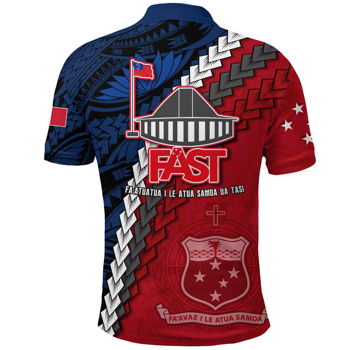 Back view of red and navy Samoa polo shirt with large FAST graphic and crest