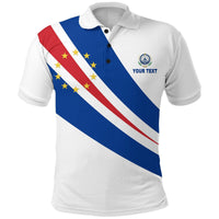 White polo shirt with Cape Verde flag diagonal print, front view, collar and buttons