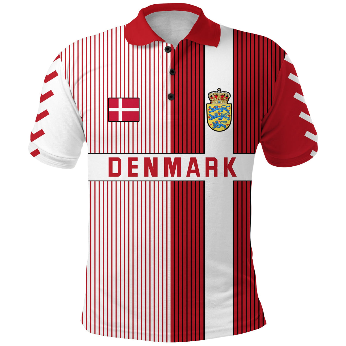 Denmark football polo shirt, red and white vertical stripe front with crest and text