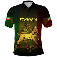 Ethiopia polo shirt front: lion crest, 'ETHIOPIA' text, multicolor graphic