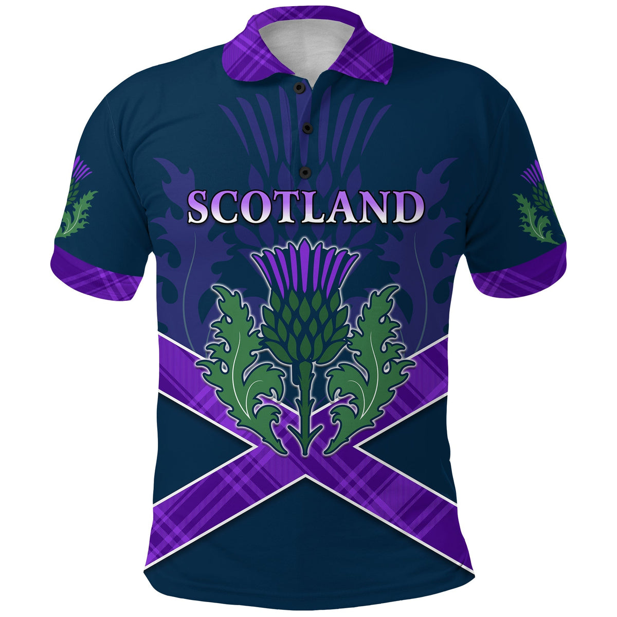 Dark navy Scotland rugby polo, purple plaid collar, thistle front crest