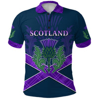 Dark navy Scotland rugby polo, purple plaid collar, thistle front crest