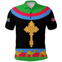 Polohemd schwarz mit Eritrea-Flaggenkragen, goldenem Kreuz und Kamelmotiv am Saum