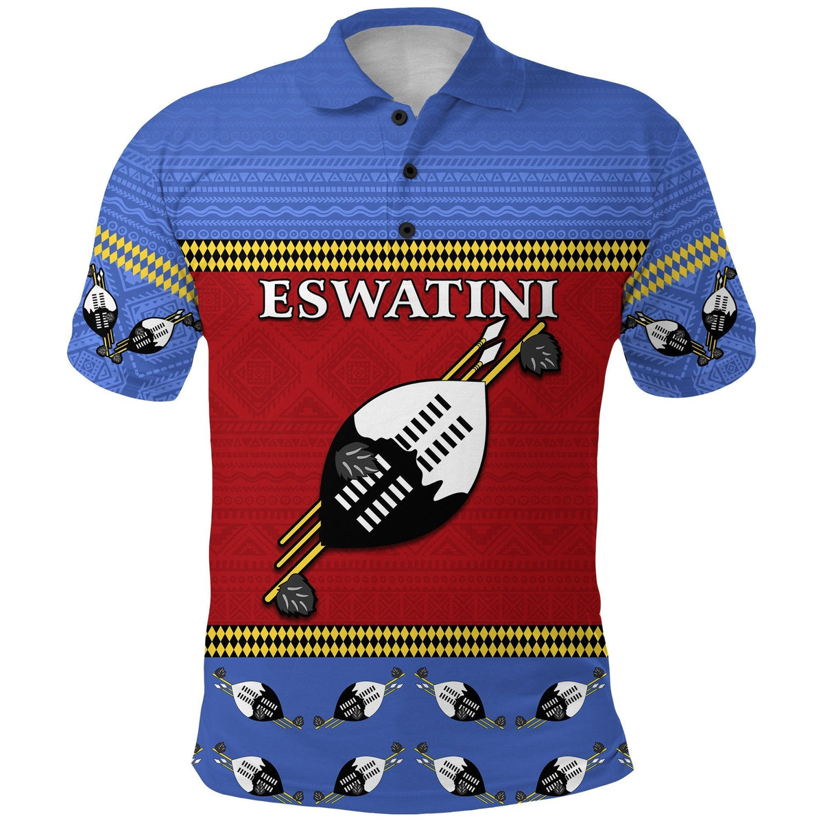 Multicolor Swaziland flag polo shirt with ESWATINI crest and shield graphic