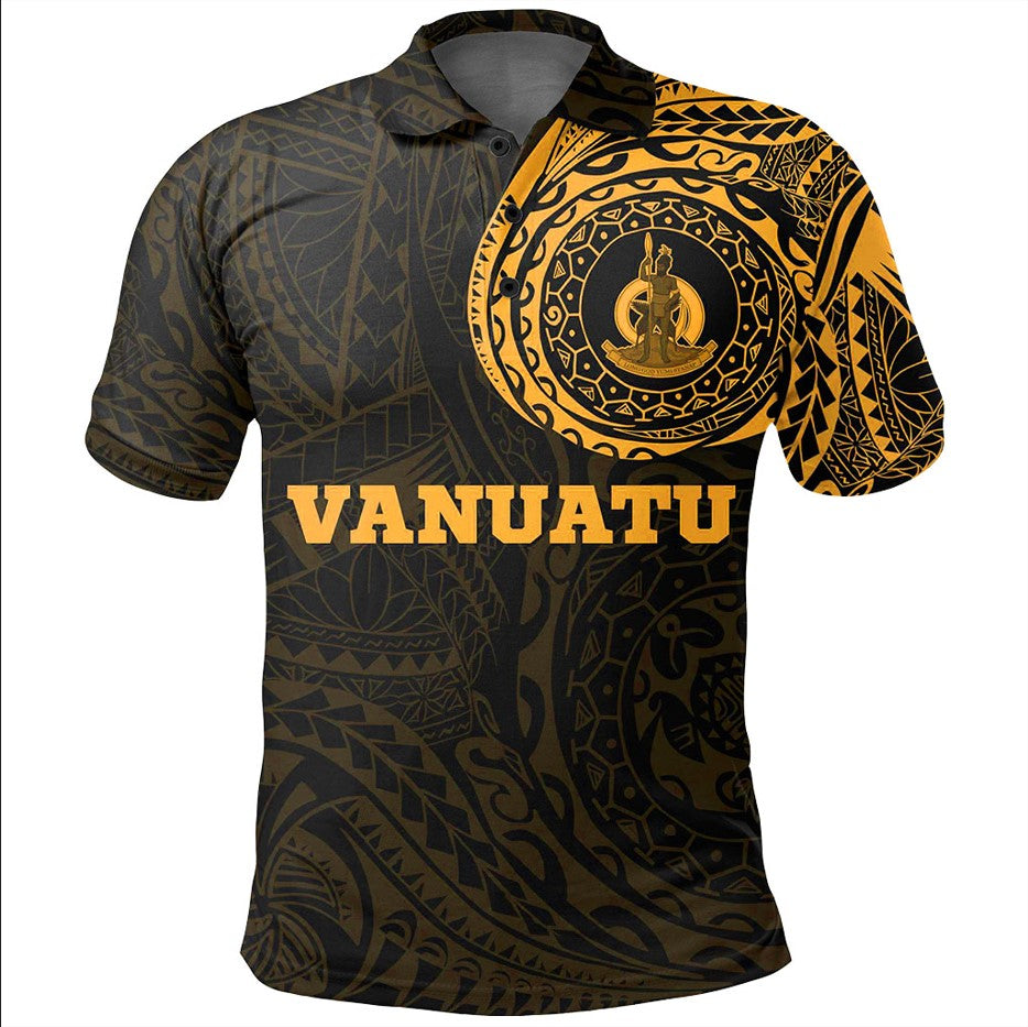 Dark polo shirt with gold Vanuatu crest and Polynesian tattoo pattern
