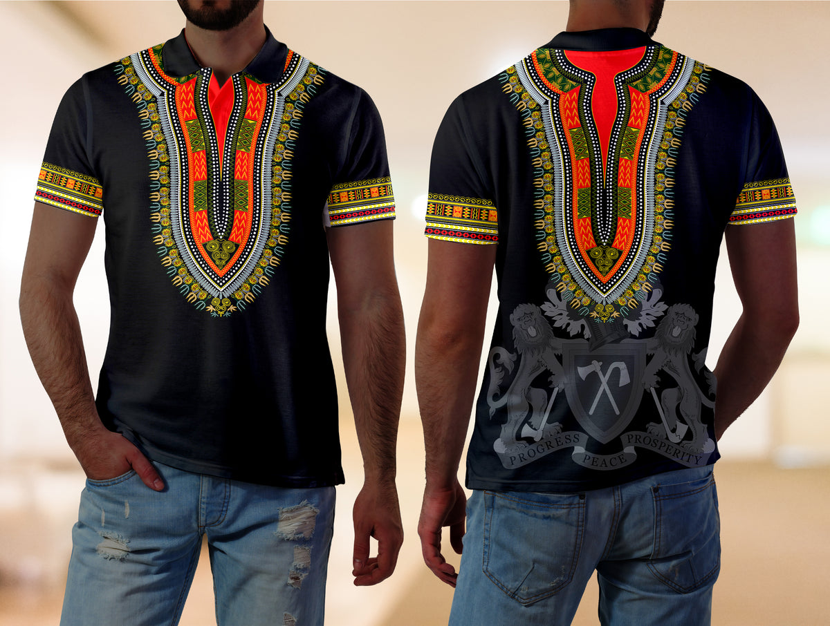 Black dashiki polo shirt with red collar, button placket, and bright V-pattern embroidery