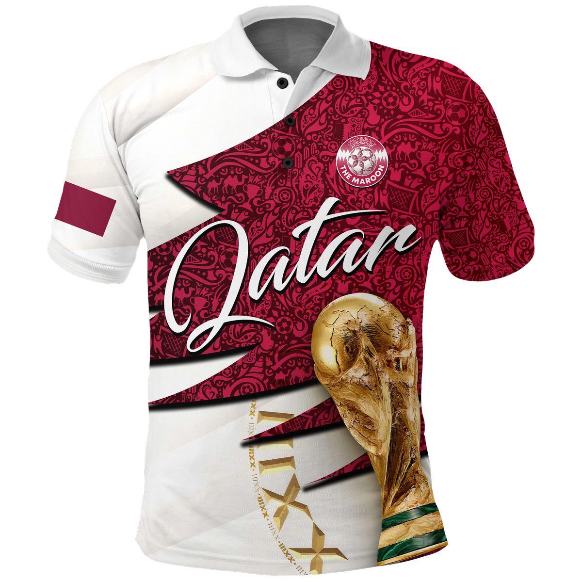 Polo shirt with white collar, white sleeves, maroon patterned body and script logo