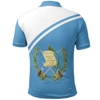 Guatemala polo shirt back, large crest with parrot and laurel, blue/white diagonal stripe