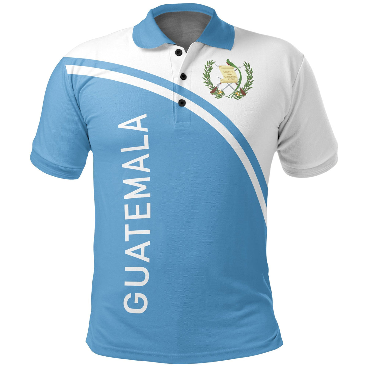 Guatemala polo shirt, blue collar, diagonal stripe, crest and GUATEMALA lettering