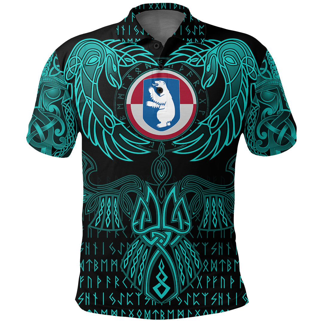 Black polo shirt with cyan Valknut and Odin emblem graphic, short sleeves