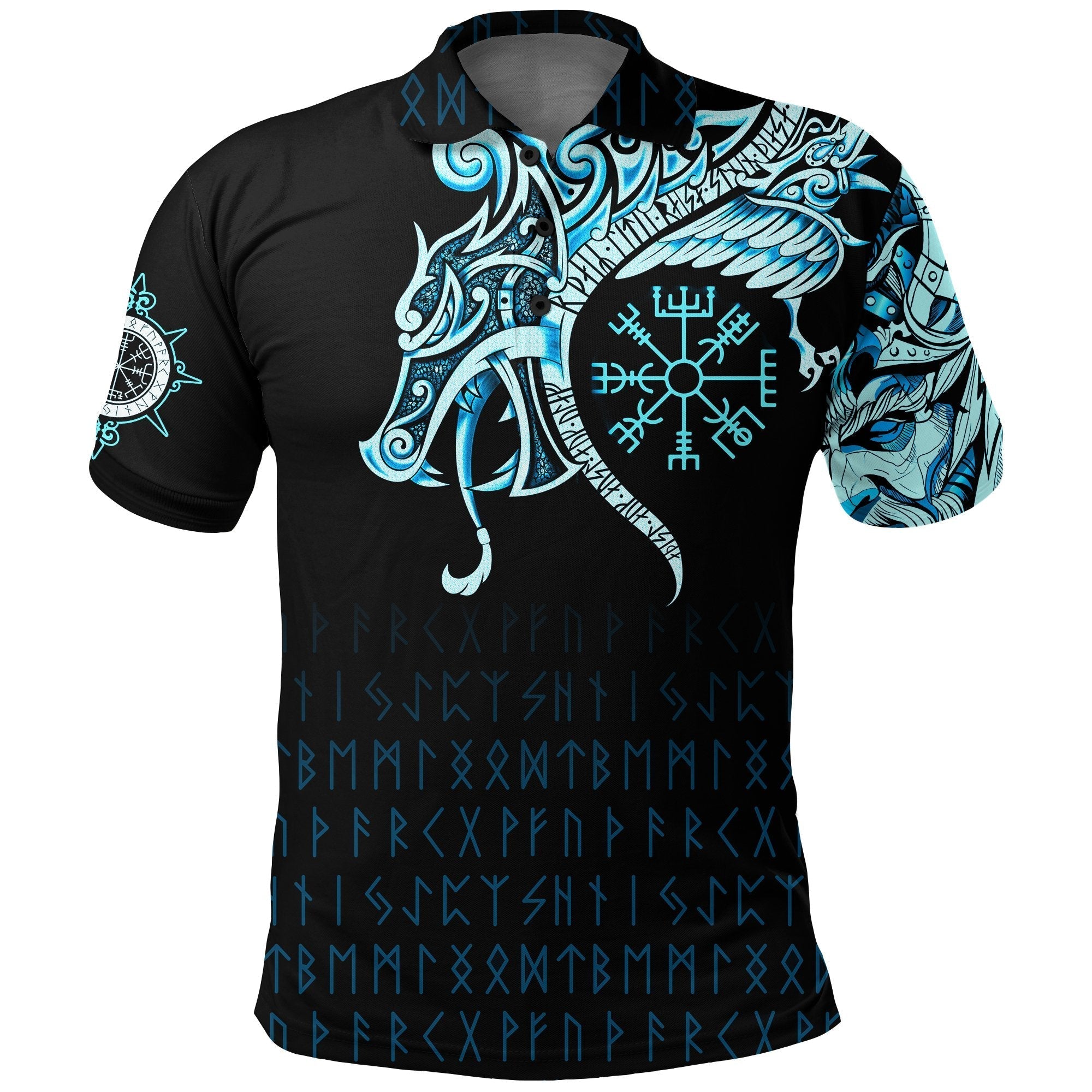 Viking Polo Shirt, Fenrir Raven and Vegvisir Tattoo Cyan RLT12 - Wonder Print Shop