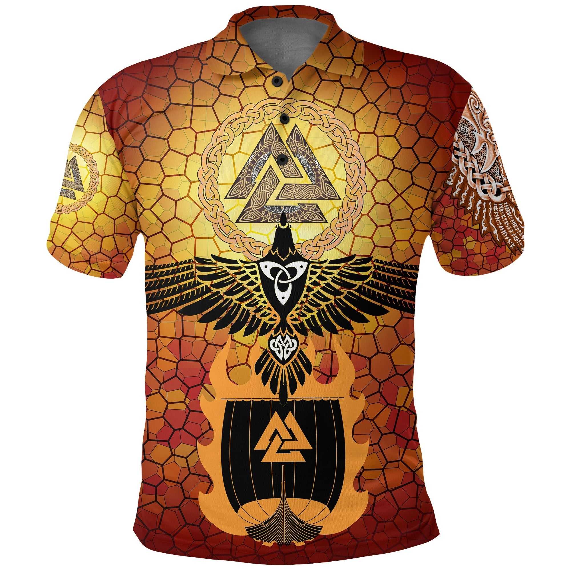 Viking Polo Shirt Raven Of Odin and Drakkar On Fire On Vignette Gold Valknut RLT12 - Wonder Print Shop