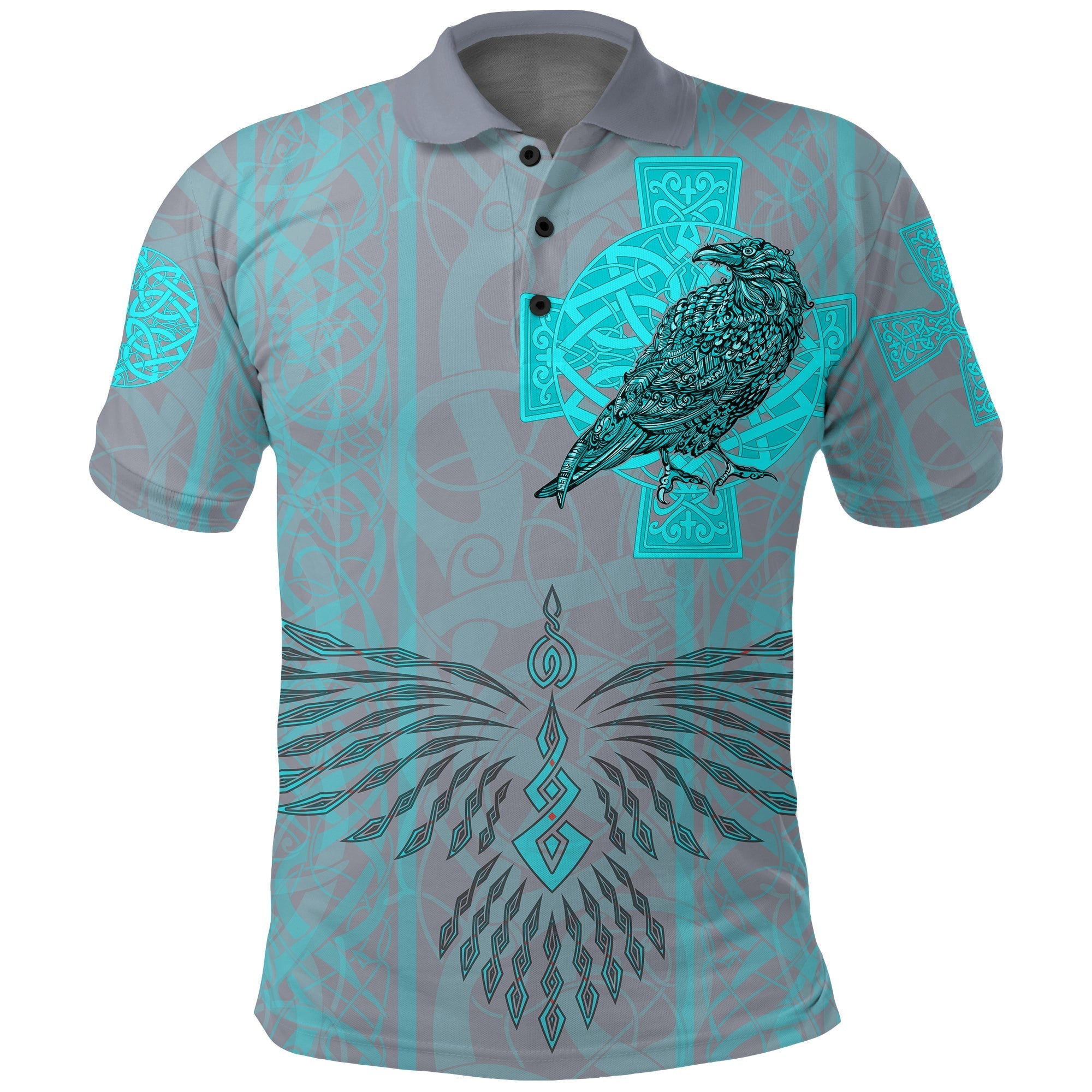 Viking Polo Shirt Odins Celtic Raven Scandinavian Tattoo Style Cyan RLT12 - Wonder Print Shop