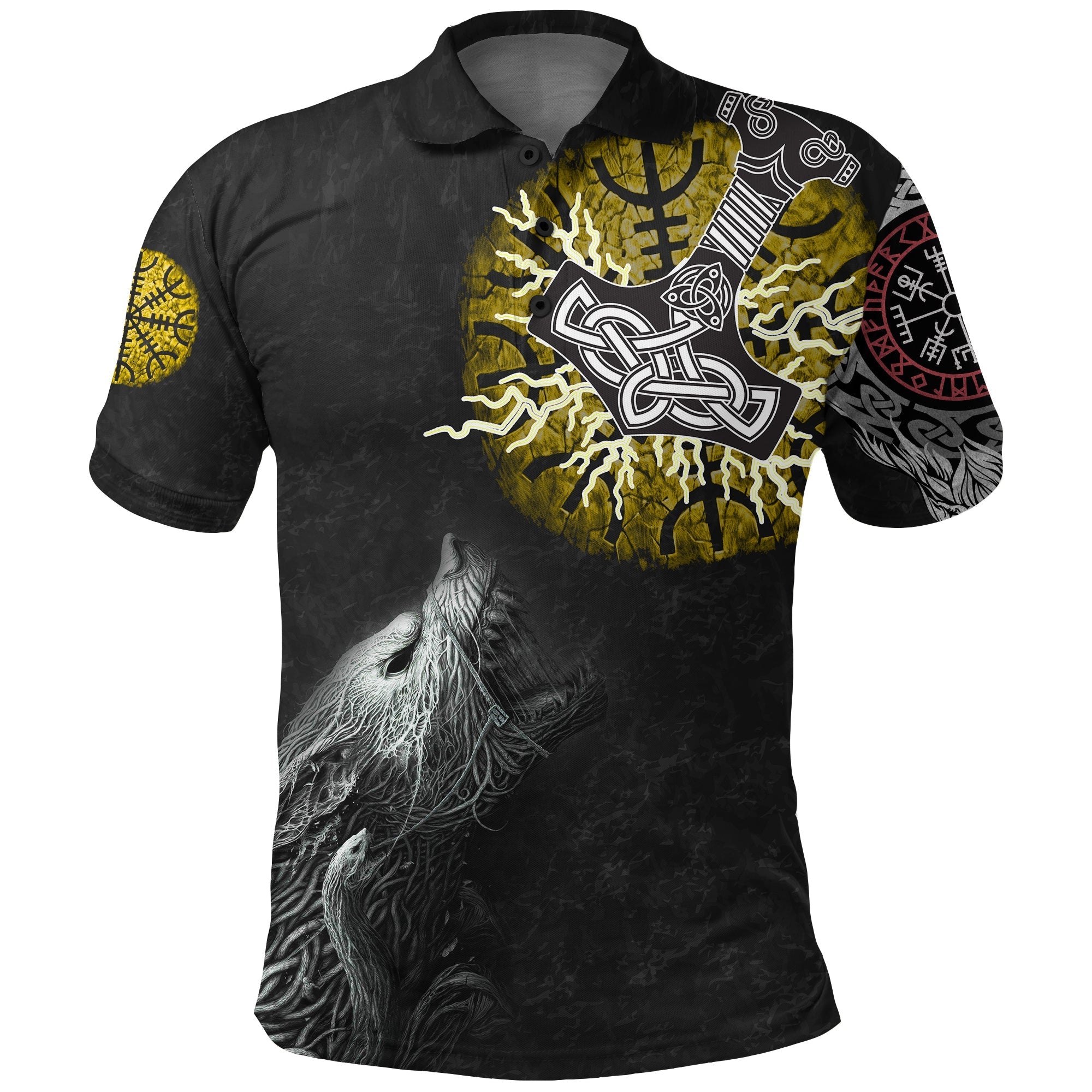 Custom Viking Polo Shirt Fenrir Fight Mjolnir Of Thor On Helm Of Awe RLT12 - Wonder Print Shop