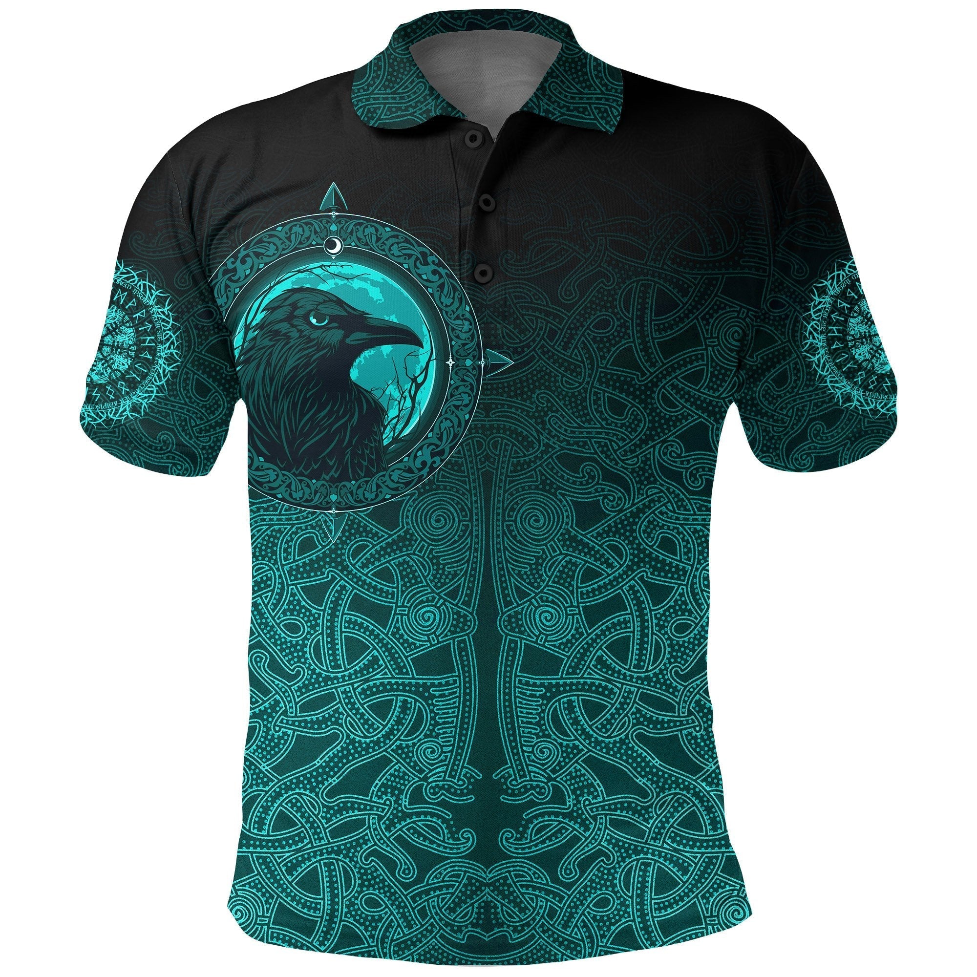 Viking Polo Shirt, Ethnic Odin Raven Cyan RLT12 - Wonder Print Shop