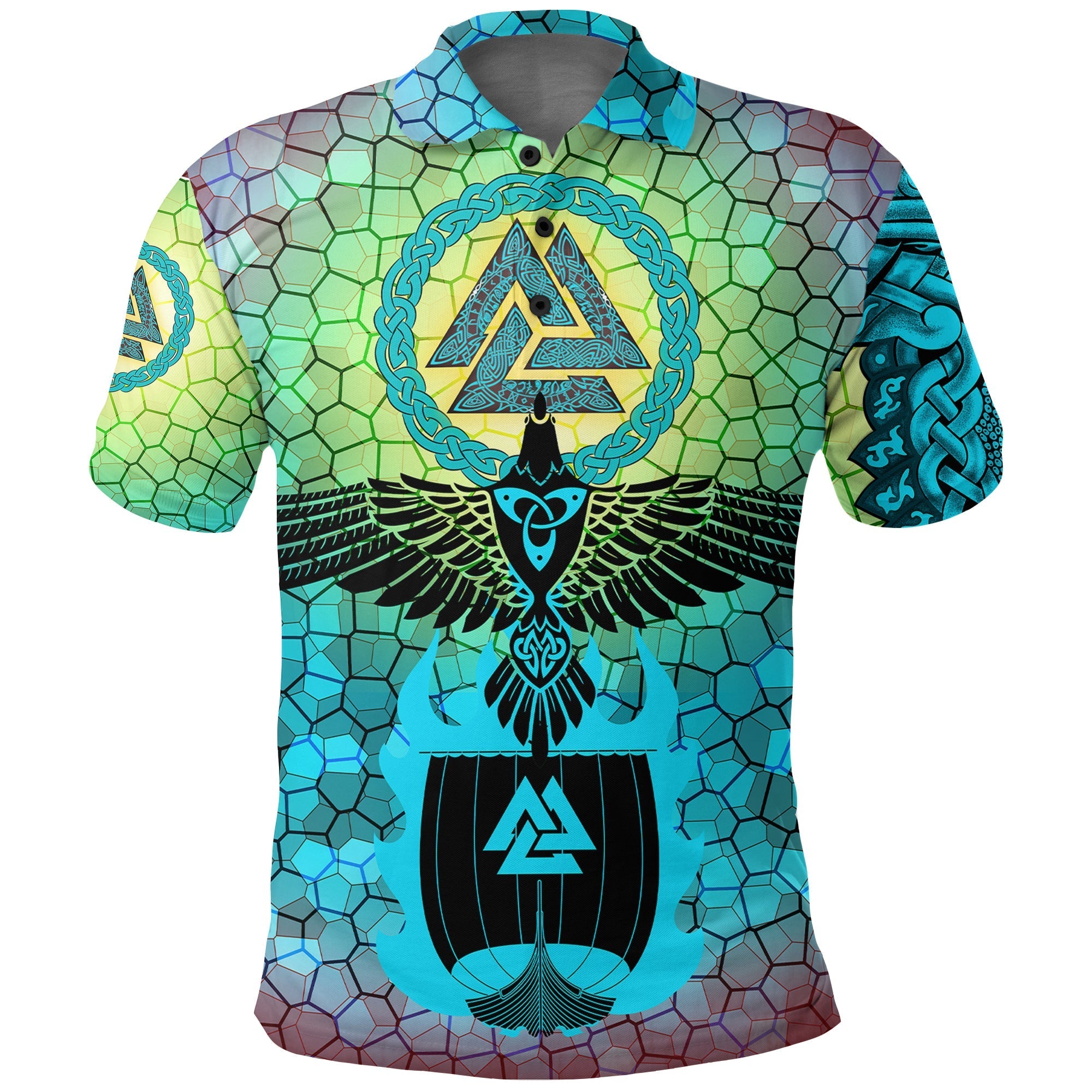 Viking Polo Shirt Raven Of Odin and Drakkar On Fire On Vignette Cyan Valknut RLT12 - Wonder Print Shop