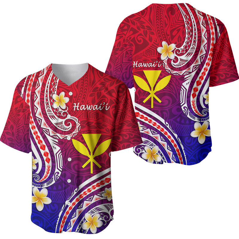 Baseball jersey red-purple-blue gradient, floral Polynesian pattern, Hawaii text