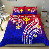 Red and blue Polynesian duvet set with purple accents, floral designs, and two pillows