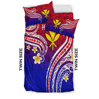 Twin-size bedding set in red and blue with purple accents, yellow flower motifs, two pillows