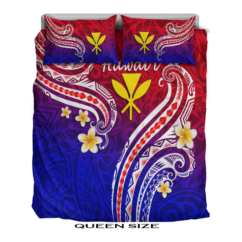 Queen-size bedding set with red, purple, and blue Polynesian swirl motifs and yellow flowers