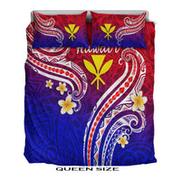 Queen-size bedding set with red, purple, and blue Polynesian swirl motifs and yellow flowers