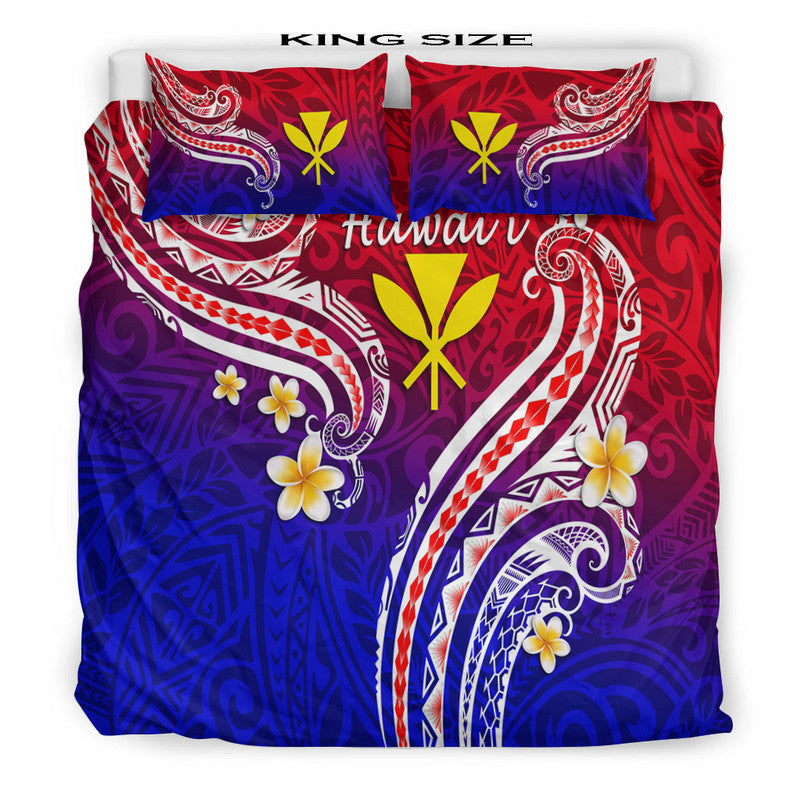 King-size Hawaiian bedding set with red, purple & blue wave/floral print, two pillows