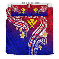 King-size Hawaiian bedding set with red, purple & blue wave/floral print, two pillows