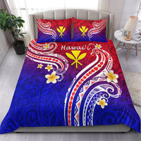 Polynesian bedding set with red, purple and blue swirl patterns and flower motifs