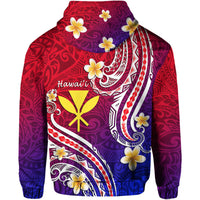 Pullover hoodie back with Hawaiian 'Hawai'i' graphic, flower motifs, red-purple-blue gradient