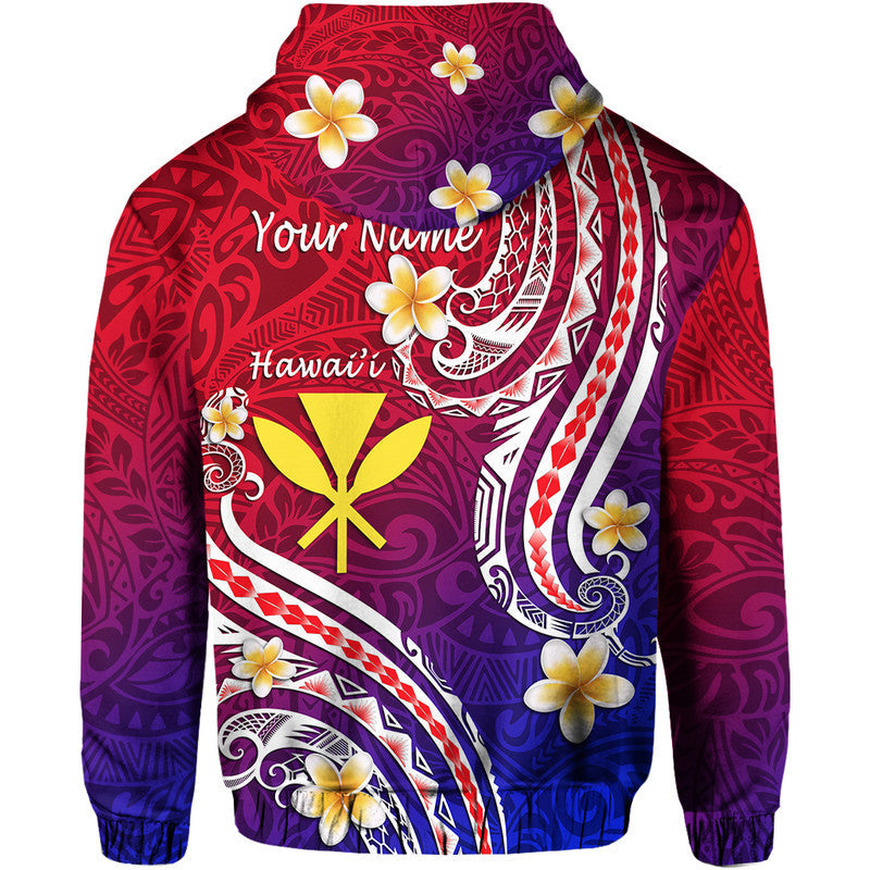 Pullover hoodie with 'Hawaii' graphic and Polynesian swirl print, red purple blue gradient