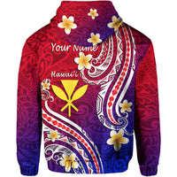 Pullover hoodie with 'Hawaii' graphic and Polynesian swirl print, red purple blue gradient