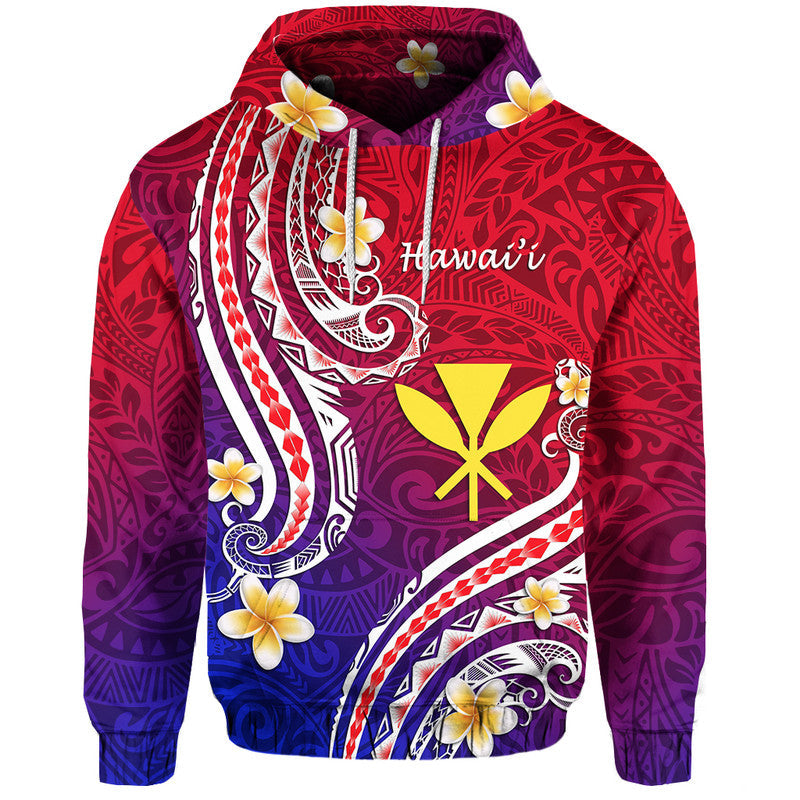 Pullover hoodie with red-to-purple-to-blue Hawaiian line art, floral accents, hood