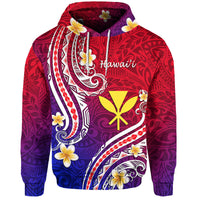 Pullover hoodie with red-to-purple-to-blue Hawaiian line art, floral accents, hood